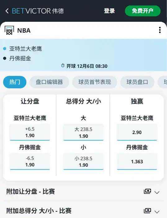 掘金vs老鹰-NBA博彩赔率和盘口信息-伟德(betvictor)提供