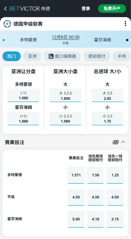 多特蒙德 vs 霍芬海姆 | 德甲博彩赔率和盘口信息-伟德(betvictor)提供