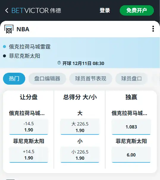 太阳vs雷霆 | NBA杯1/4决赛-赔率和盘口信息-伟德(betvictor)提供