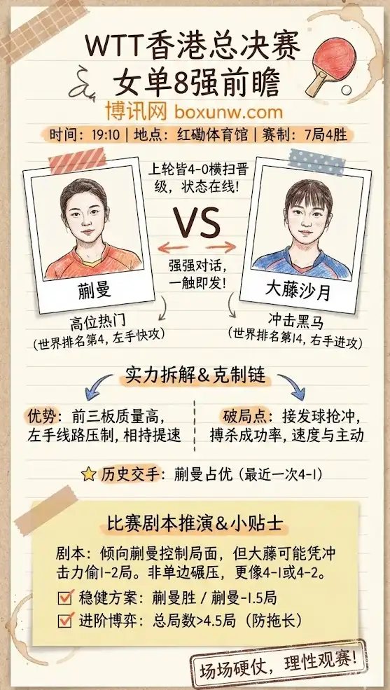 WTT香港总决赛女单1/4决赛前瞻:蒯曼vs大藤沙月