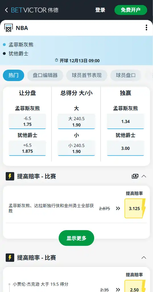 爵士vs灰熊-NBA博彩赔率和盘口信息-伟德(betvictor)提供