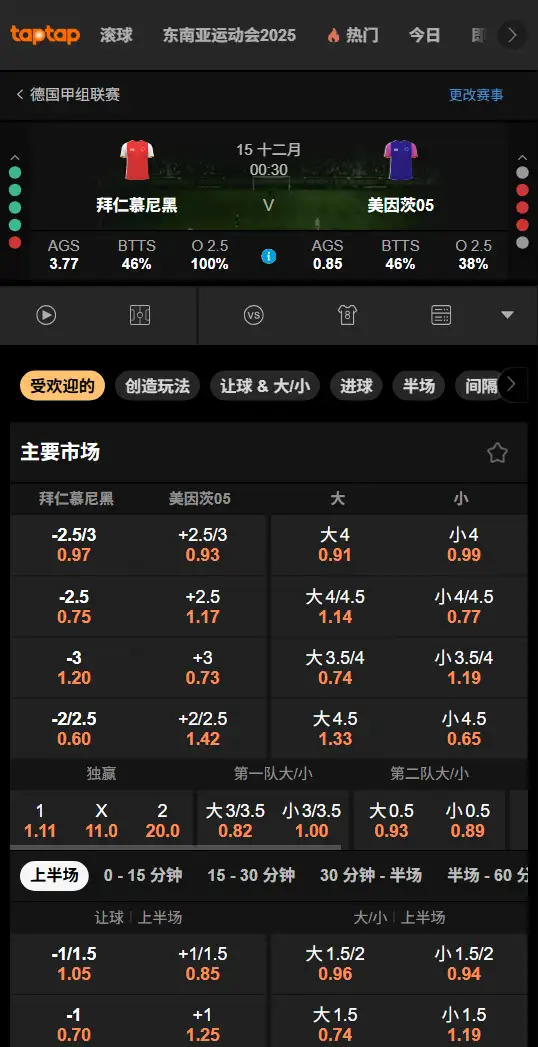 拜仁vs美因茨05，德甲赔率和盘口信息-188bet(taptap)提供