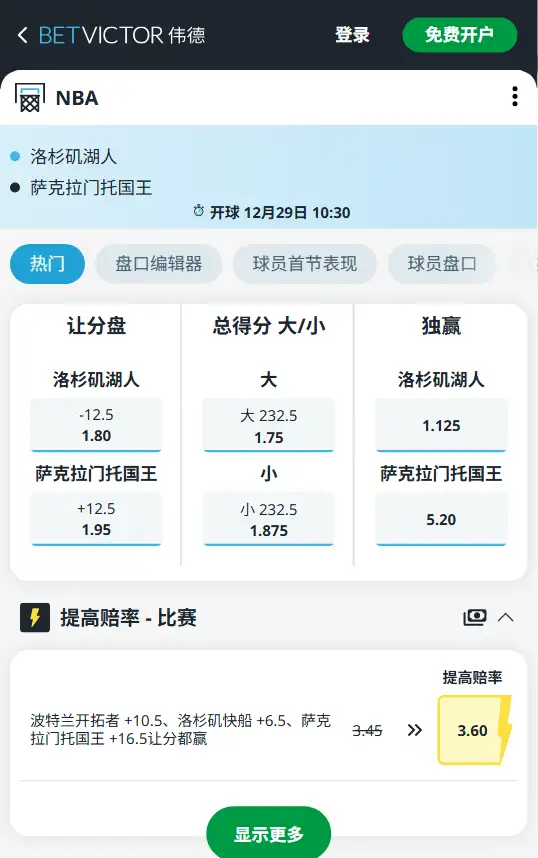 湖人vs国王-NBA博彩赔率和盘口信息-伟德(betvictor)提供