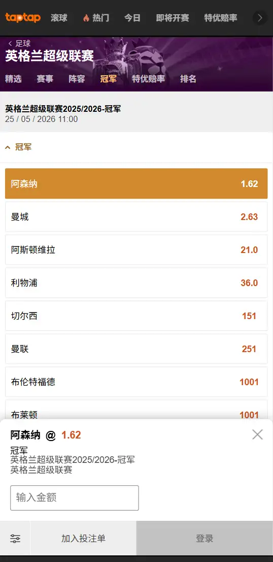 阿森纳英超夺冠赔率-赔率和盘口信息-188bet(TapTap)提供