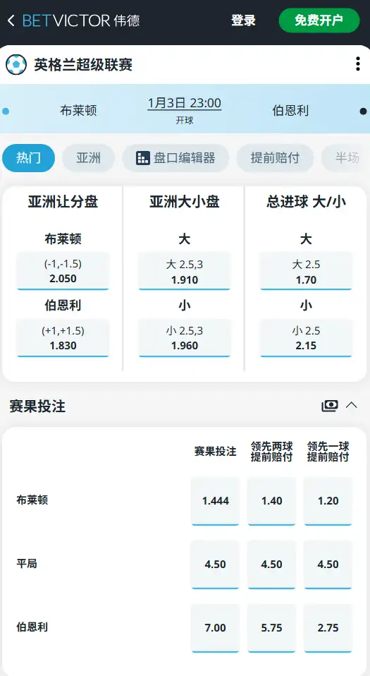 布莱顿vs伯恩利，英超赔率和盘口信息-188bet(taptap)提供