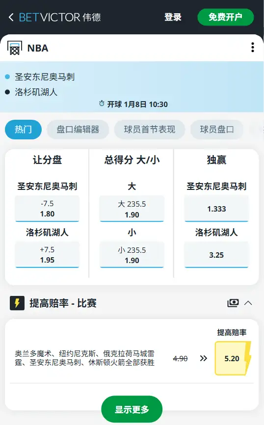 马刺vs湖人-NBA博彩赔率和盘口信息-伟德(betvictor)提供