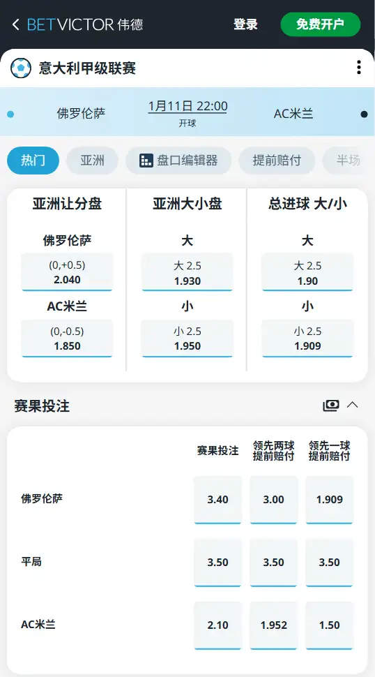 佛罗伦萨vsAC米兰,意甲赔率和盘口信息-188bet(taptap)提供