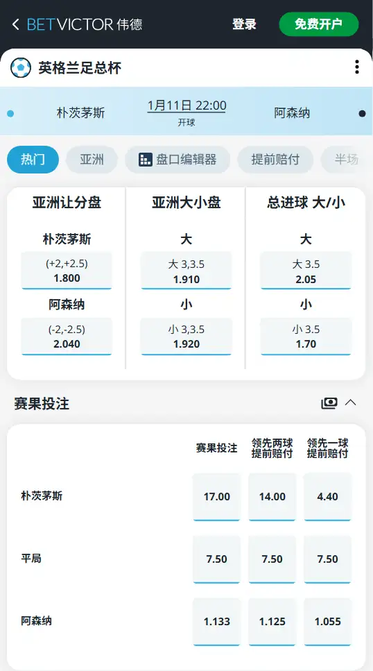 朴茨茅斯vs阿森纳,英格兰足总杯赔率和盘口信息-伟德(BetVictor)提供