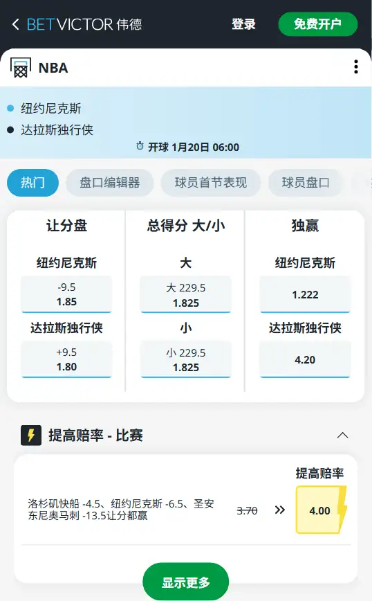 尼克斯vs独行侠-NBA博彩赔率和盘口信息-伟德(betvictor)提供