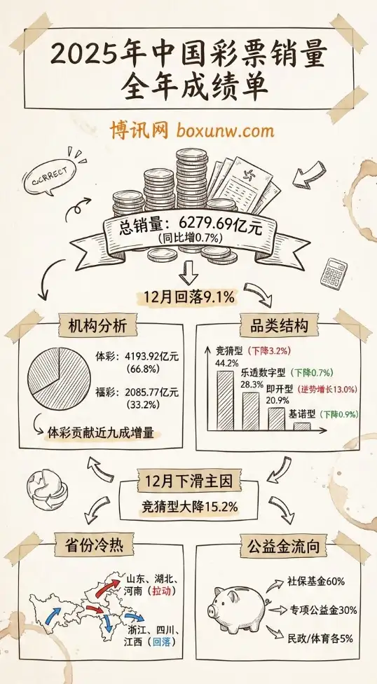 2025年中国彩票销量6279.69亿元|财政部发布全年成绩单|增速降至0.7% 12月回落9.1%