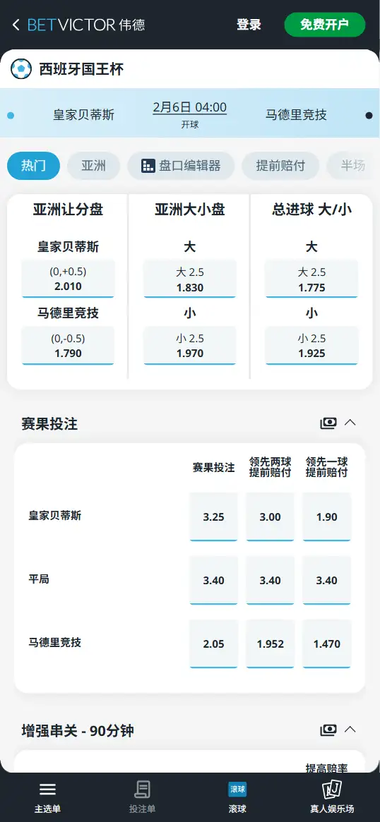 皇家贝蒂斯vs马德里竞技,西班牙国王杯赔率和盘口信息-伟德(BetVictor)提供