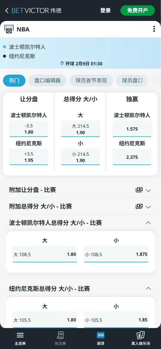 凯尔特人vs尼克斯-NBA博彩赔率和盘口信息-伟德(betvictor)提供