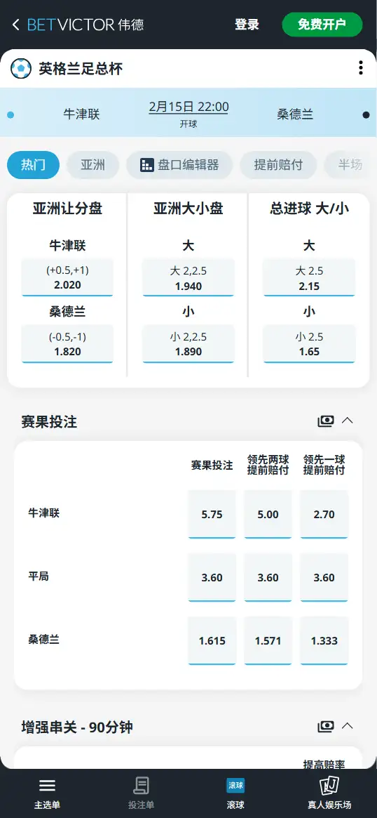 牛津联vs桑德兰，足总杯赔率和盘口信息-伟德(BetVictor)提供