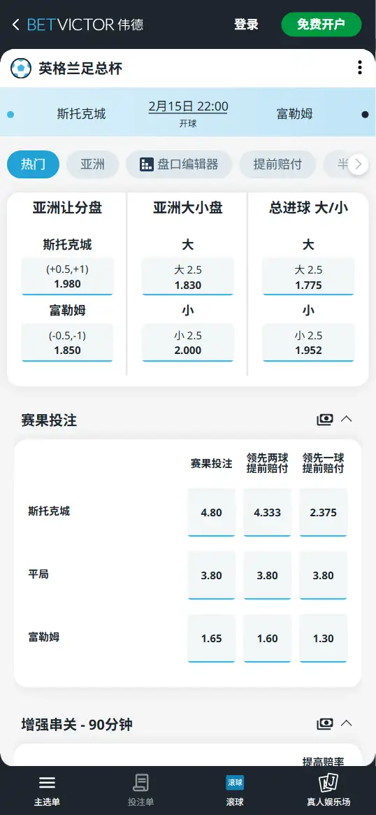 斯托克城vs富勒姆，足总杯赔率和盘口信息-伟德(BetVictor)提供