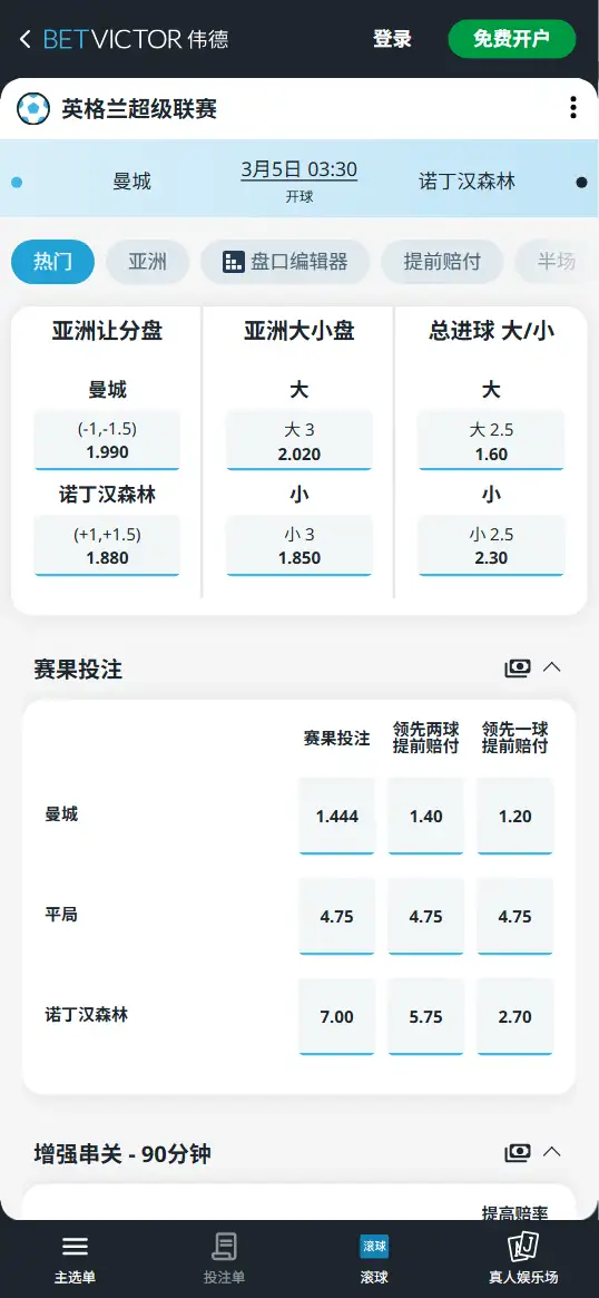 曼城vs诺丁汉森林,英超赔率和盘口信息-伟德(BetVictor)提供