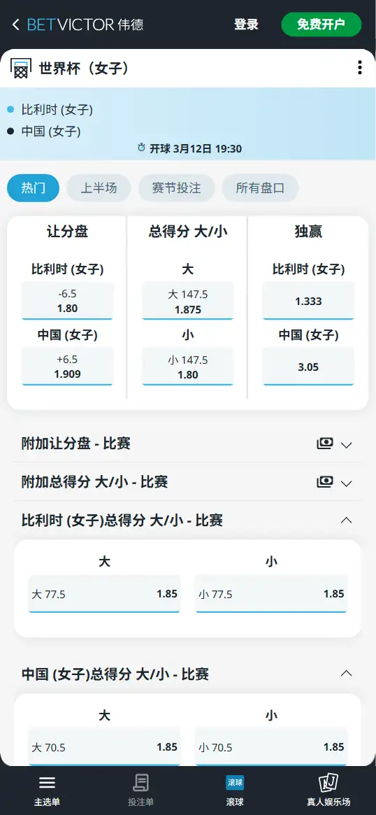 比利时vs中国-女篮世界杯博彩赔率和盘口信息-伟德(betvictor)提供