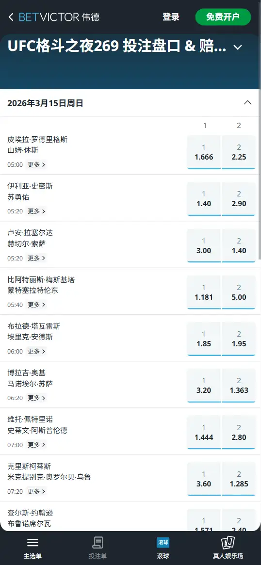UFC格斗之夜269:赔率和盘口信息 - 伟德(BetVictor)