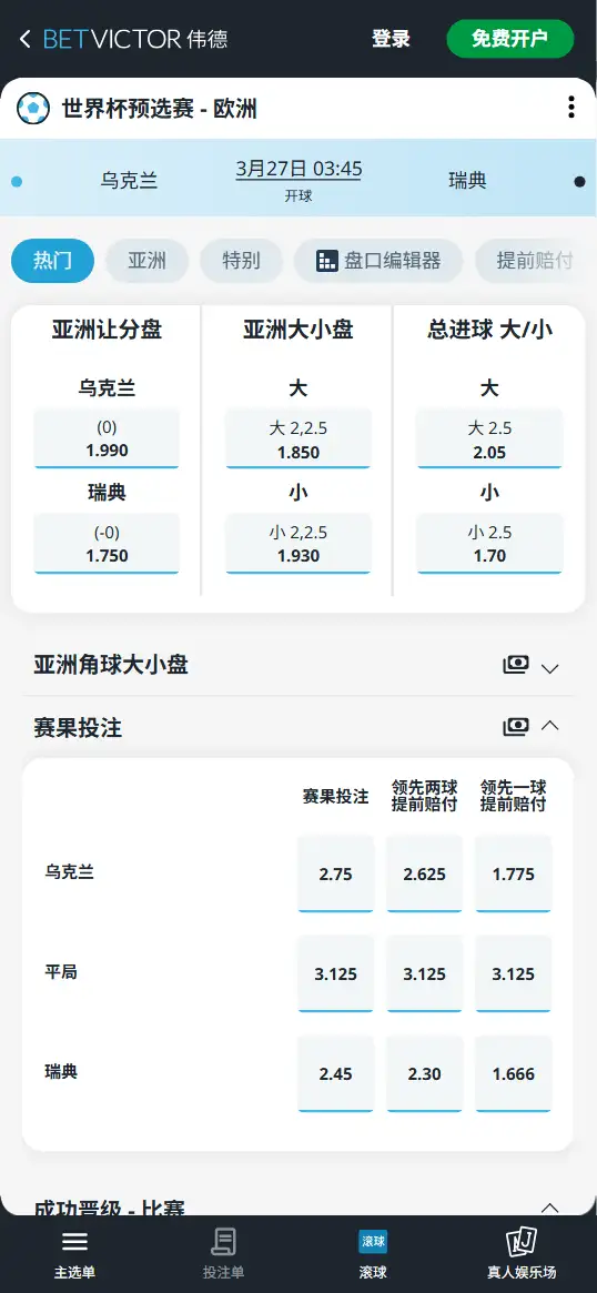 乌克兰vs瑞典，世界杯预选赛赔率和盘口信息-伟德(BetVictor)提供