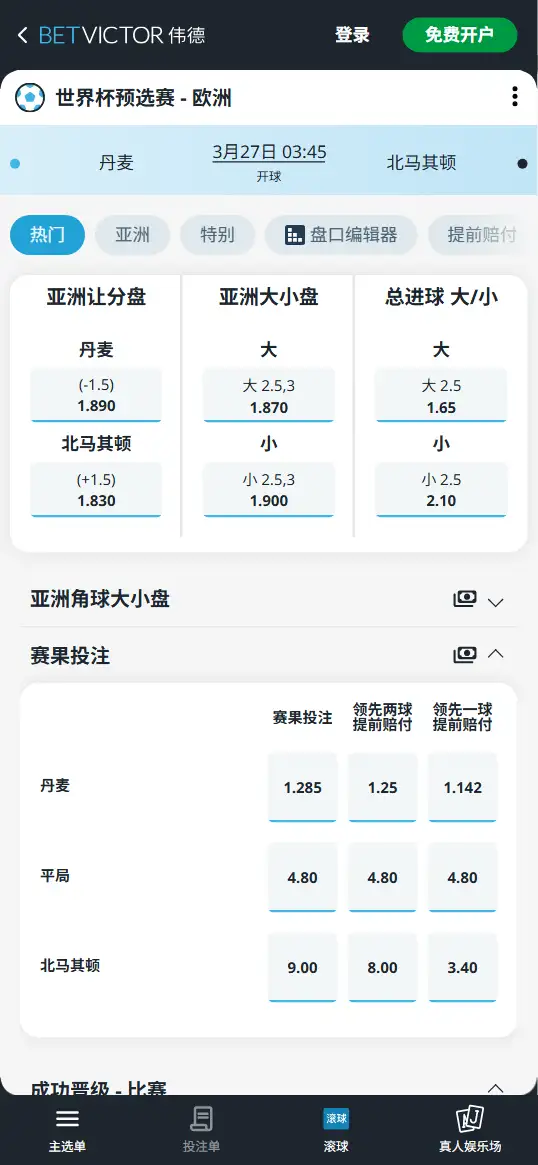 丹麦vs北马其顿,世界杯预选赛赔率和盘口信息-伟德(BetVictor)提供