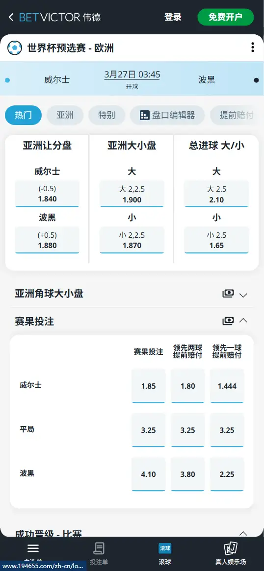 威尔士vs波黑，世界杯预选赛赔率和盘口信息-伟德(BetVictor)提供
