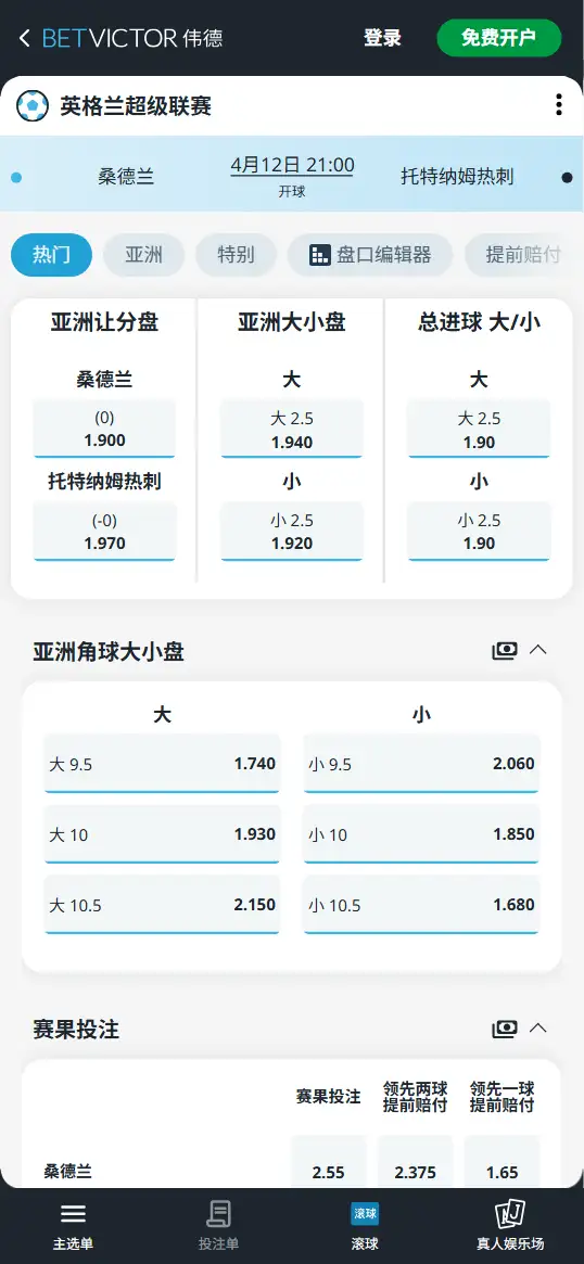 桑德兰vs热刺，英超赔率和盘口信息-伟德(BetVictor)提供