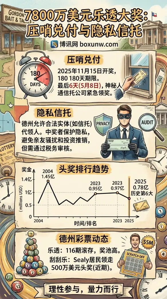 滚存116期!命中率仅2582万分之一,德州7800万美元彩票大奖被神秘信托领走