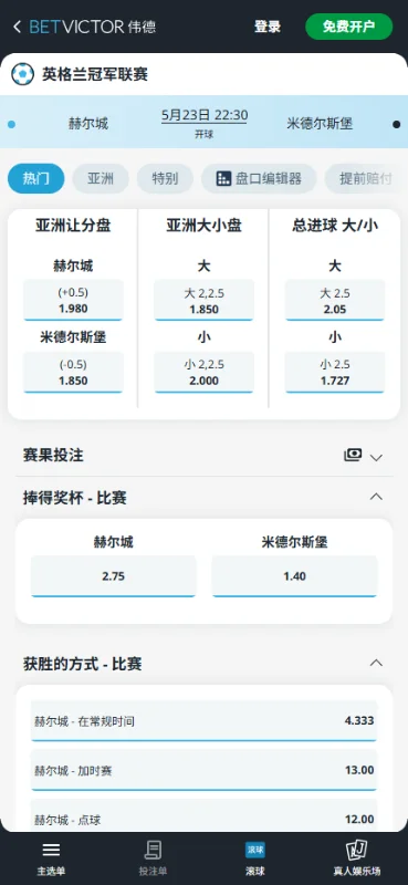 赫尔城vs米德尔斯堡,英冠升级战赔率和盘口信息-伟德(BetVictor)提供