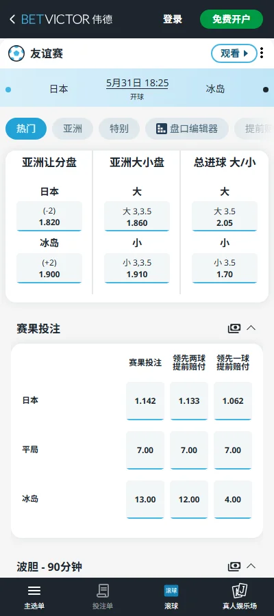 日本vs冰岛，国际友谊赛赔率和盘口信息-伟德(BetVictor)提供