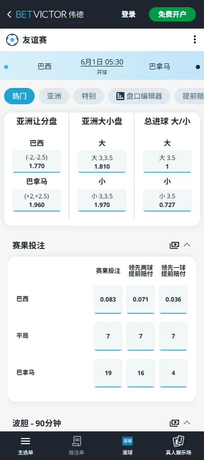 巴西vs巴拿马,国际友谊赛赔率和盘口信息-伟德(BetVictor)提供