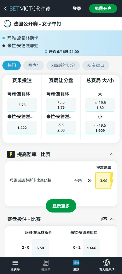 赫瓦林斯卡 vs 安德列娃 - 2026法网女单决赛赔率盘口信息伟德(BetVictor)提供