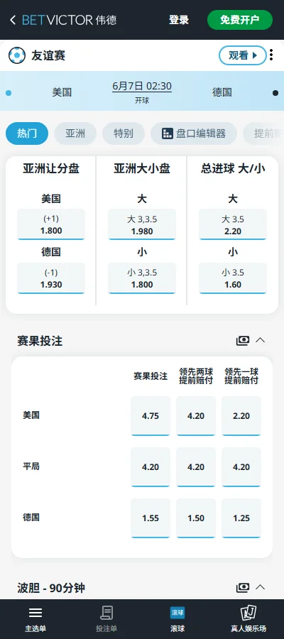 美国vs德国-国际友谊赛盘口和赔率-伟德(Betvictor)