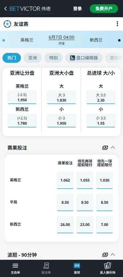 英格兰vs新西兰-国际友谊赛盘口和赔率-伟德(Betvictor)