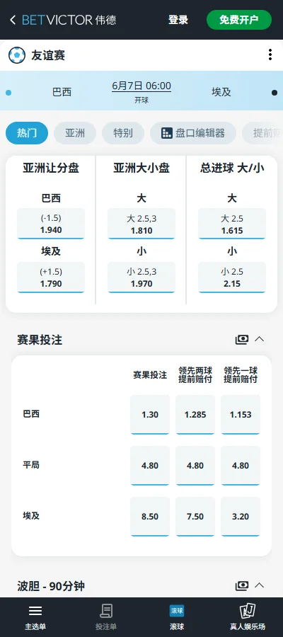 巴西VS埃及-国际友谊赛盘口和赔率-伟德(Betvictor)