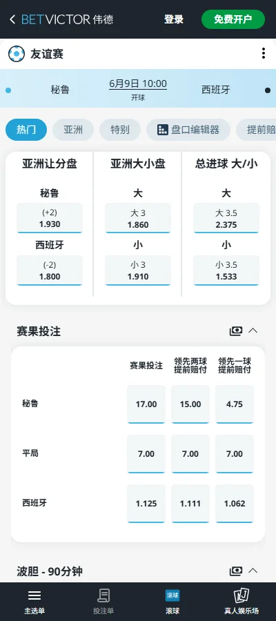 秘鲁VS西班牙-国际友谊赛盘口和赔率-伟德(Betvictor)