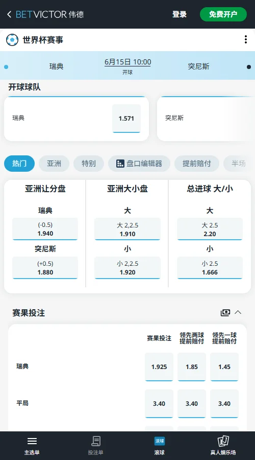 瑞典vs突尼斯-2026世界杯赔率和盘口-伟德(Betvictor)