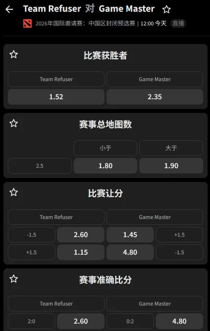 DOTA2 TI15中国区预选赛：Refuser vs GM赔率盘口信息由必威(Betway)提供