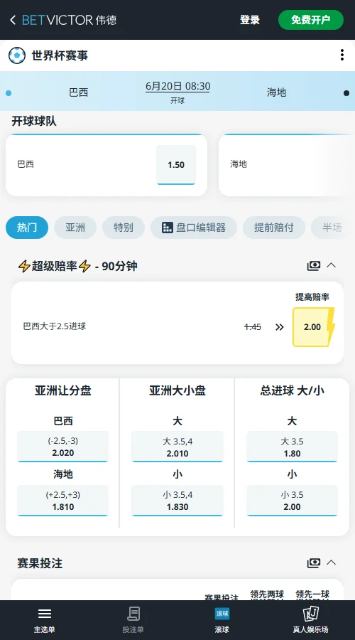 巴西vs海地-2026世界杯赔率和盘口-伟德(Betvictor)