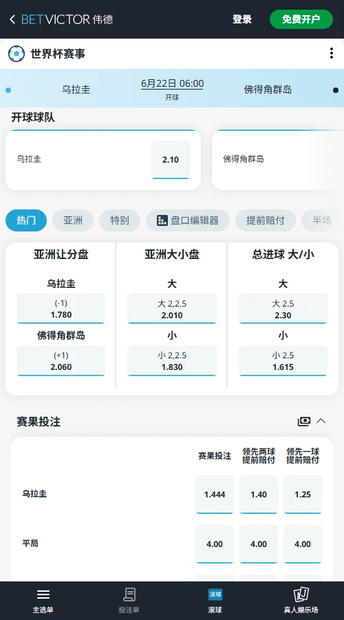 乌拉圭vs佛得角 - 2026世界杯赔率和盘口-伟德(Betvictor)