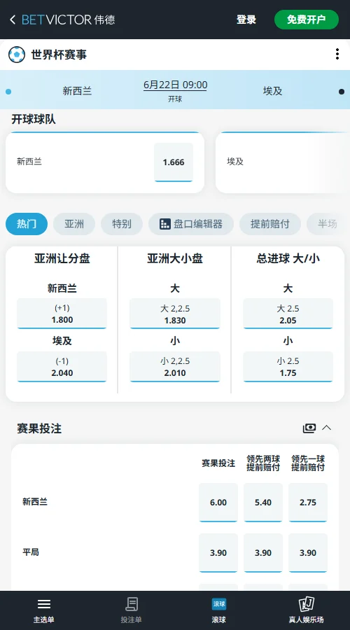新西兰vs埃及 - 2026世界杯赔率和盘口-伟德(Betvictor)
