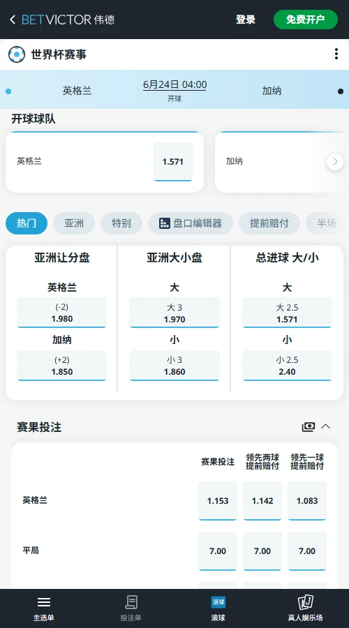 英格兰vs加纳 - 2026世界杯赔率和盘口-伟德(Betvictor)