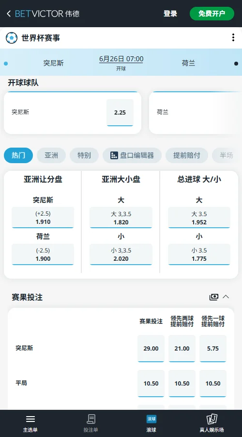 突尼斯vs荷兰 - 2026世界杯赔率和盘口-伟德(Betvictor)