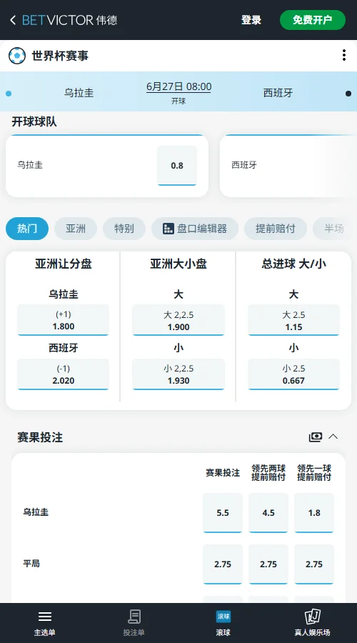 乌拉圭vs西班牙 - 2026世界杯赔率和盘口-伟德(Betvictor)