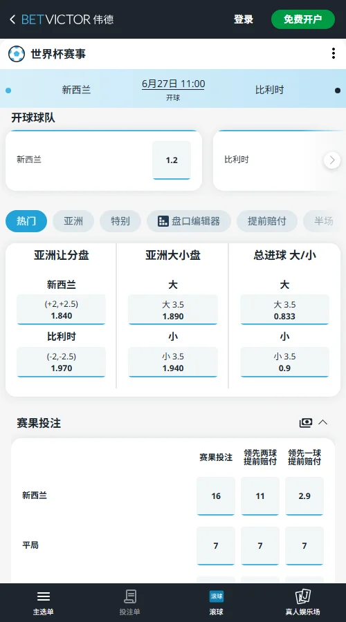 新西兰vs比利时 - 2026世界杯赔率和盘口-伟德(Betvictor)