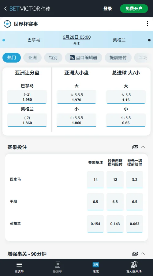 巴拿马vs英格兰 - 2026世界杯赔率和盘口-伟德(Betvictor)