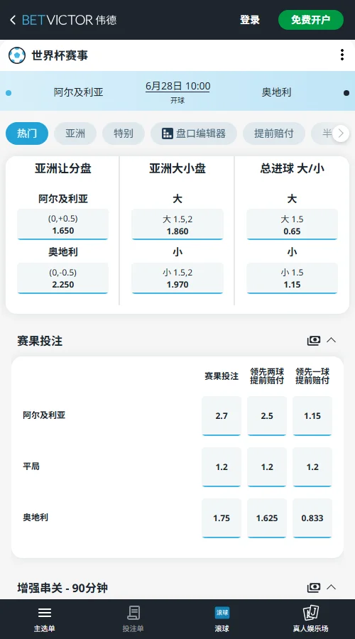 阿尔及利亚vs奥地利 - 2026世界杯赔率和盘口-伟德(Betvictor)