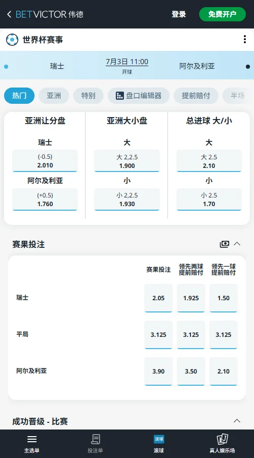 瑞士vs阿尔及利亚 - 2026世界杯淘汰赛赔率和盘口-伟德(Betvictor)