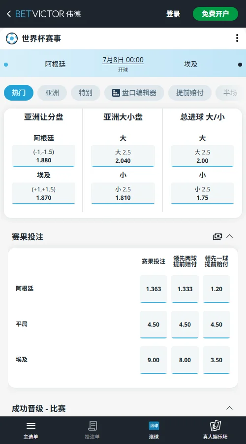 阿根廷vs埃及 - 2026世界杯淘汰赛赔率和盘口-伟德(Betvictor)