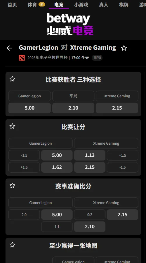 GL vs XG - EWC电竞世界杯DOTA2赔率盘口信息由必威(Betway)提供