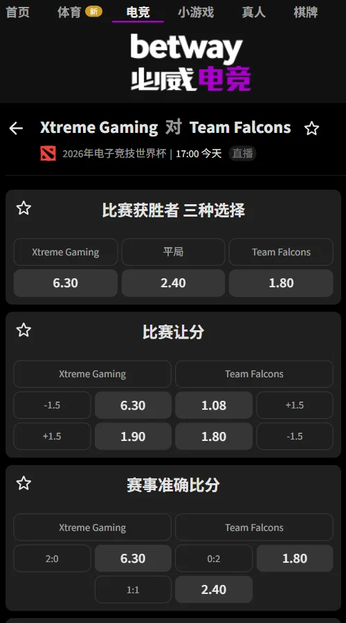 XG vs Falcons - EWC电竞世界杯DOTA2赔率盘口信息由必威(Betway)提供