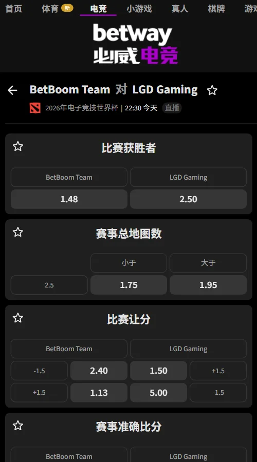 BetBoom vs LGD - EWC电竞世界杯DOTA2赔率盘口信息由必威(Betway)提供